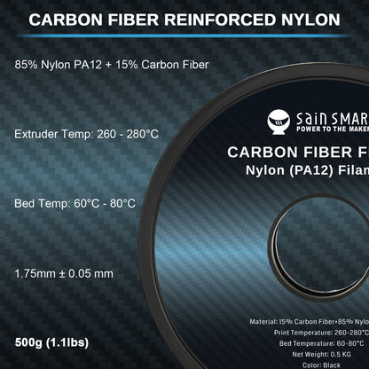 SainSmart ePA12-CF Carbon Faser Nylon Filament 1,75 mm, 0,5 kg, Maßgenauigkeit +/- 0,05 mm, Schwarz