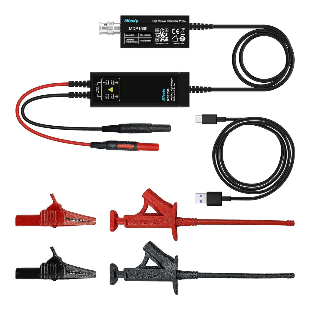 Micsig MDP1500 Hochspannungs-Differentialsondensatz, 3,5 ns Anstiegszeit, 10-fache/100-fache Dämpfungsrate, Oszilloskop-Sondensatz-Zubehör, 1500 V, 100 MHz