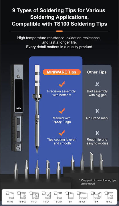 TS101 65 W Smart-Lötkolben mit TS-B2-Spitze und USB-Typ-C-Kabel, DC+PD-Stromeingang