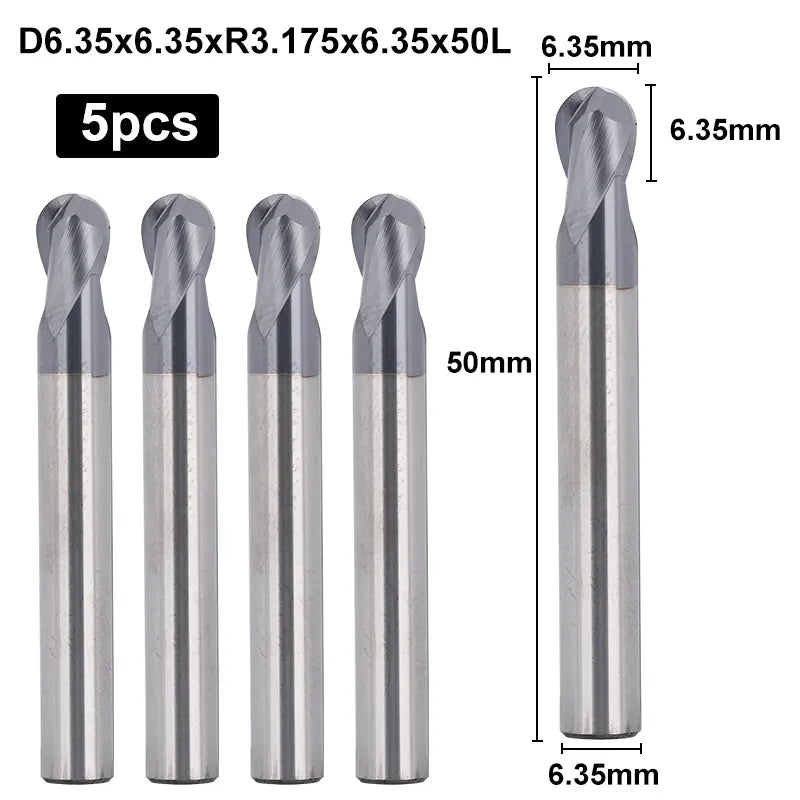 2BNC05, 1/4 Zoll Schaft, 3 Zoll Gesamtlänge, 2-schneidige Kugelkopffräser, Schaftfräser CNC-Fräser, Edelstahlmetall mit TiAlN-Beschichtung, für Aluminium, Metall, Kunststoff, MDF und Holz, 5 Stück