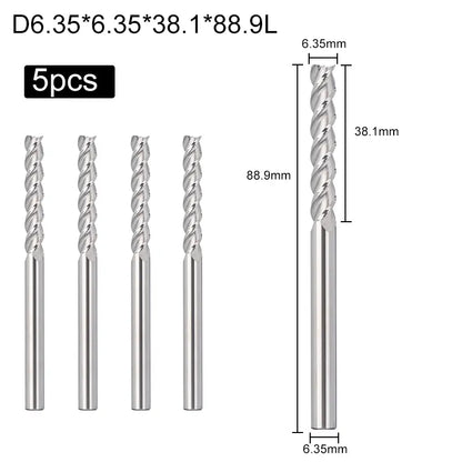 Genmitsu 5-teiliges Schaftfräser-CNC-Fräserset, 1/4-Zoll-Schaft-CNC-Fräser für Fräsmaschine mit 3-schneidigem Flachfräs-Schnitzfräser-Set, 3 1/2 Zoll Gesamtlänge, Werkzeug für Aluminium, Metall, Kunststoff, MDF und Holz