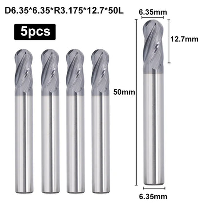 4BNC05, 1/4-Zoll-Schaft, 4-schneidige Kugelkopffräser, 3 Zoll Gesamtlänge, Schaftfräser, CNC-Fräser, Edelstahlmetall mit TiAlN-Beschichtung, für Aluminium, Metall, Kunststoff, MDF und Holz, 5 Stück