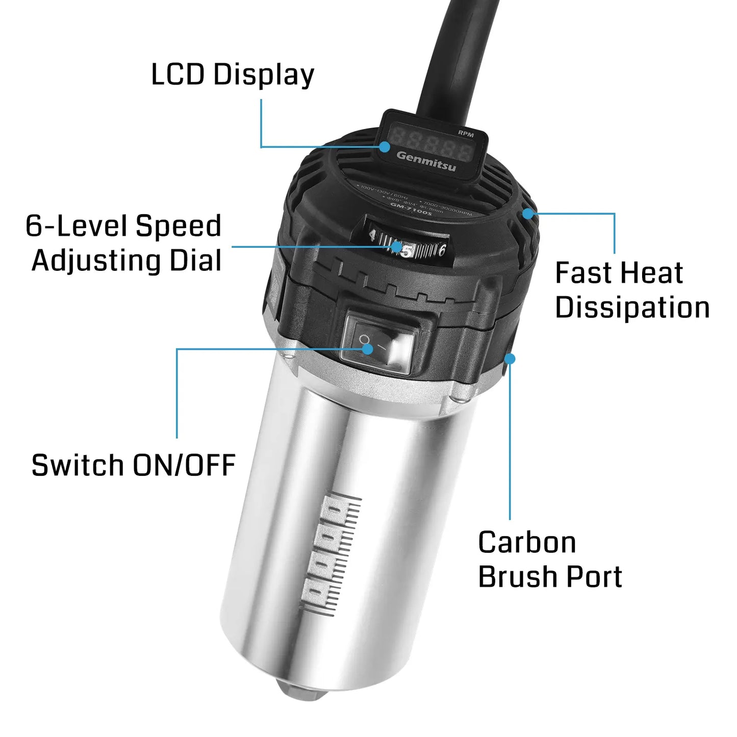 710W CNC Kompaktfräse 65 mm Durchmesser, Spindelmotor mit LCD-Digitalanzeige, 6 einstellbare Geschwindigkeiten, 1/8" ER11 Spannzange, 4 Kohlebürsten, für CNC-Fräsmaschinen