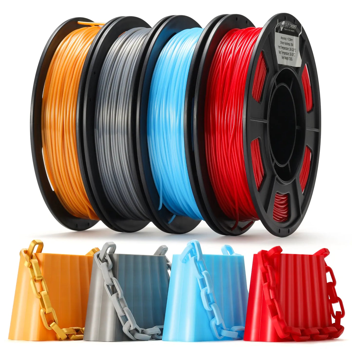 Silk TPU Filament 4x250g Bundle, 95A 1.75 mm, Maßgenauigkeit ±0,03 mm, glänzende Silk-Oberfläche, Gold, Dunkelsilber, Blau, Rot