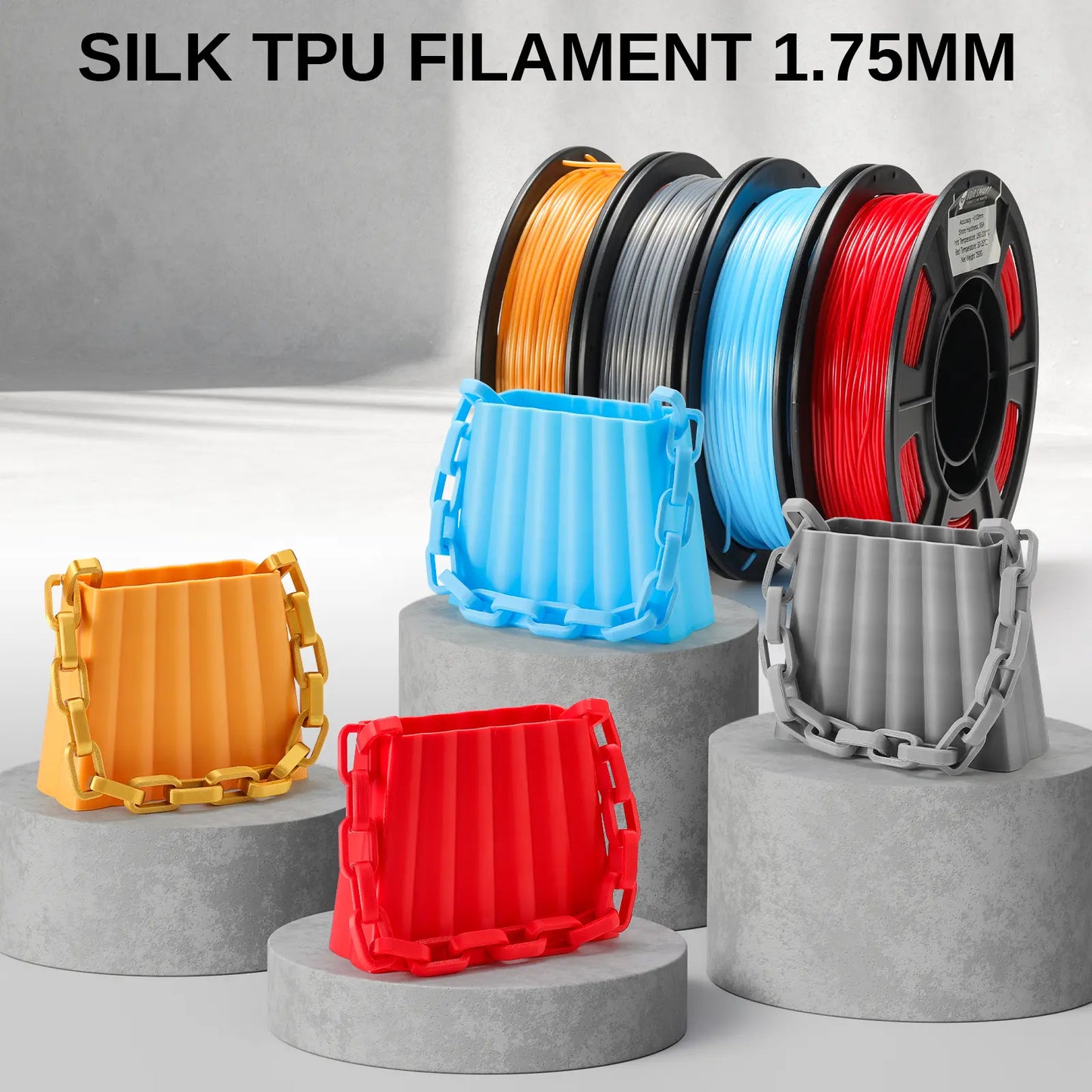 Silk TPU Filament 4x250g Bundle, 95A 1.75 mm, Maßgenauigkeit ±0,03 mm, glänzende Silk-Oberfläche, Gold, Dunkelsilber, Blau, Rot