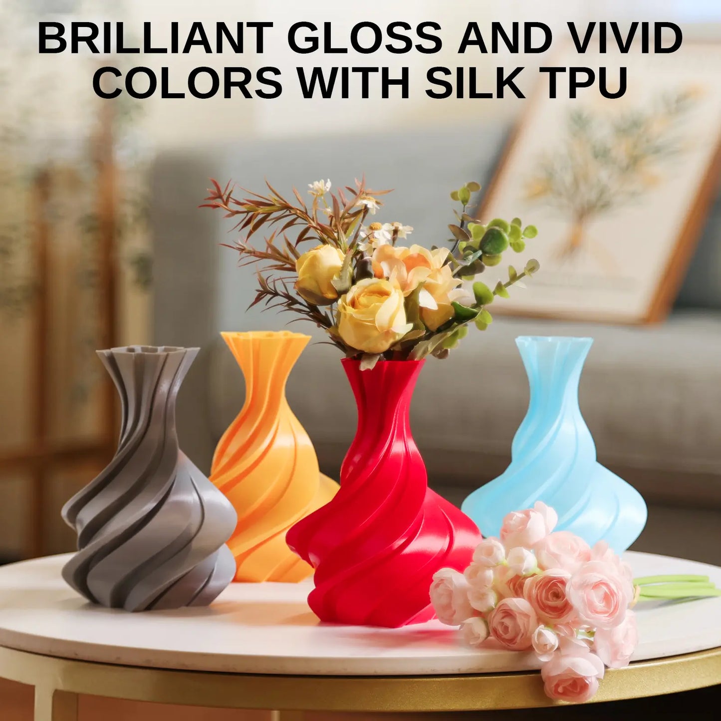 Silk TPU Filament 4x250g Bundle, 95A 1.75 mm, Maßgenauigkeit ±0,03 mm, glänzende Silk-Oberfläche, Gold, Dunkelsilber, Blau, Rot