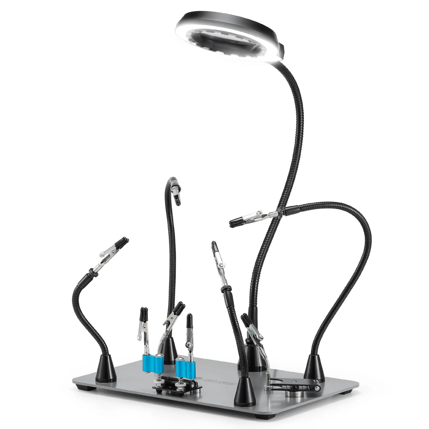 Verbesserte magnetische Dritte Hand Lötstation, neue Lötkolben- & Mini-Clip-Halter, integrierte LED mit 5-facher Vergrößerung, 6 verstellbare Schwanenhalsarme, 28,2 x 18 cm Basis, für DIY & Elektronik