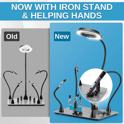 Verbesserte magnetische Dritte Hand Lötstation, neue Lötkolben- & Mini-Clip-Halter, integrierte LED mit 5-facher Vergrößerung, 6 verstellbare Schwanenhalsarme, 28,2 x 18 cm Basis, für DIY & Elektronik
