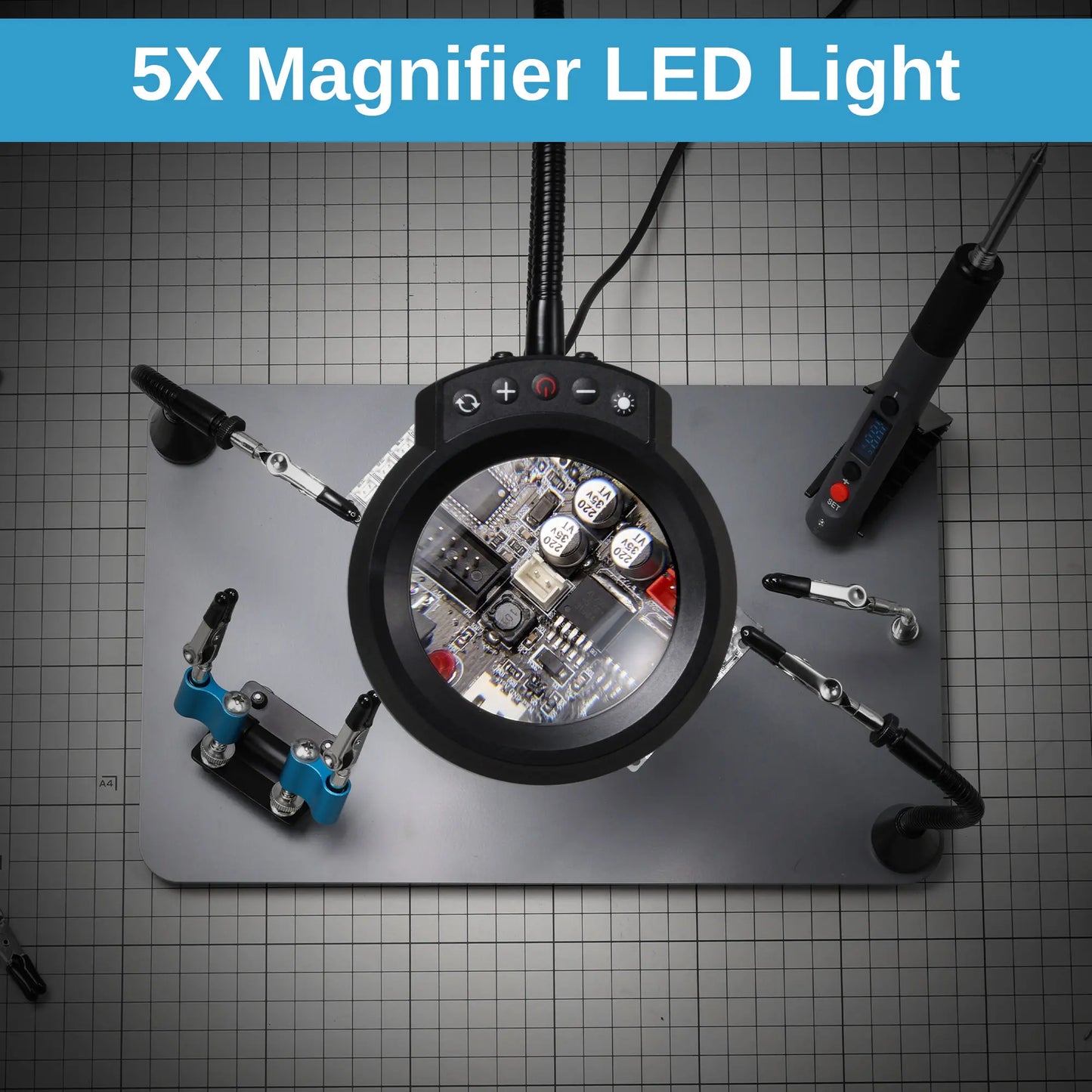 Verbesserte magnetische Dritte Hand Lötstation, neue Lötkolben- & Mini-Clip-Halter, integrierte LED mit 5-facher Vergrößerung, 6 verstellbare Schwanenhalsarme, 28,2 x 18 cm Basis, für DIY & Elektronik