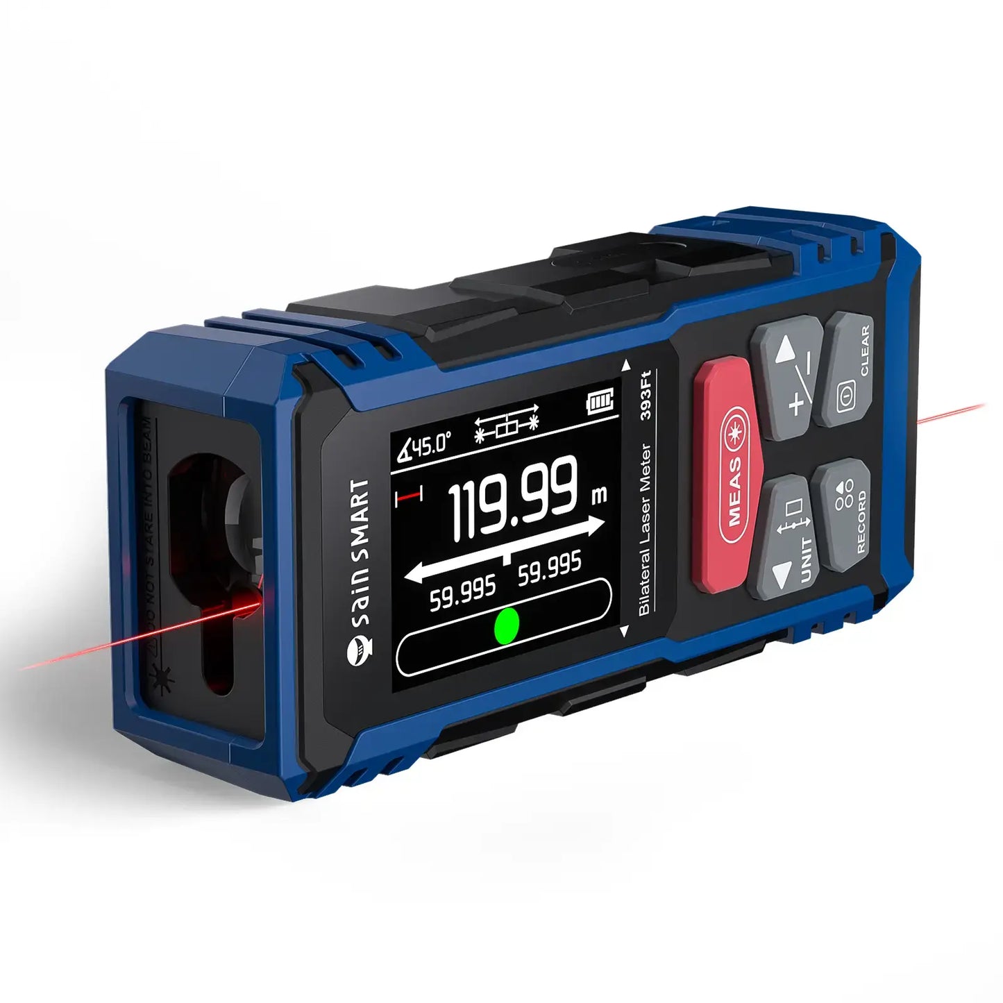 Duales Laser-Messwerkzeug, 120m bilaterale Entfernungsmessung mit LCD-Hintergrundbeleuchtung, wiederaufladbar, mehrere Einheiten (m/ft/in), elektronische Wasserwaage, Sensor für Länge/Fläche/Volumen/Winkel