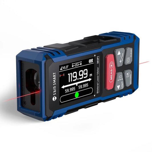Duales Laser-Messwerkzeug, 120m bilaterale Entfernungsmessung mit LCD-Hintergrundbeleuchtung, wiederaufladbar, mehrere Einheiten (m/ft/in), elektronische Wasserwaage, Sensor für Länge/Fläche/Volumen/Winkel