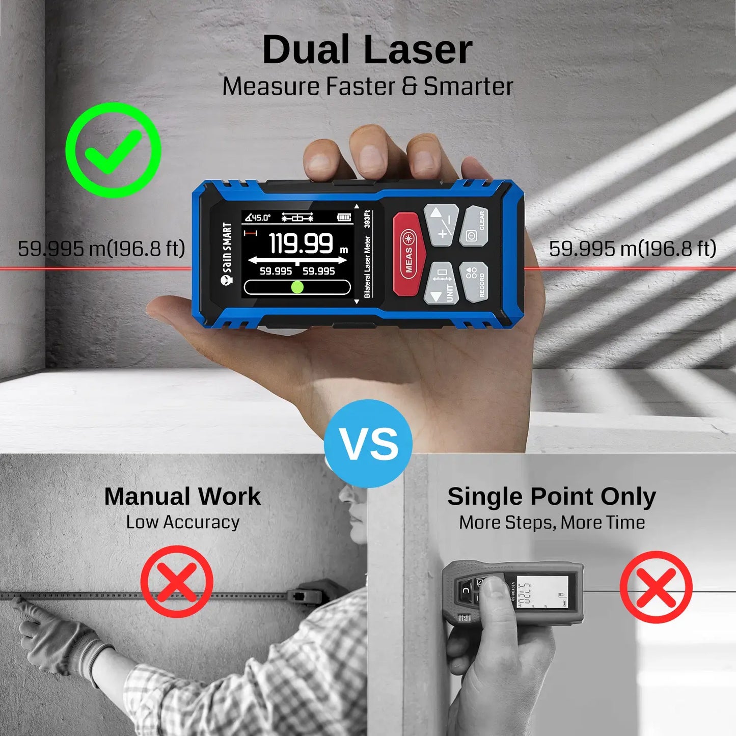 Duales Laser-Messwerkzeug, 120m bilaterale Entfernungsmessung mit LCD-Hintergrundbeleuchtung, wiederaufladbar, mehrere Einheiten (m/ft/in), elektronische Wasserwaage, Sensor für Länge/Fläche/Volumen/Winkel