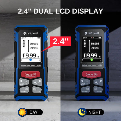 Duales Laser-Messwerkzeug, 120m bilaterale Entfernungsmessung mit LCD-Hintergrundbeleuchtung, wiederaufladbar, mehrere Einheiten (m/ft/in), elektronische Wasserwaage, Sensor für Länge/Fläche/Volumen/Winkel
