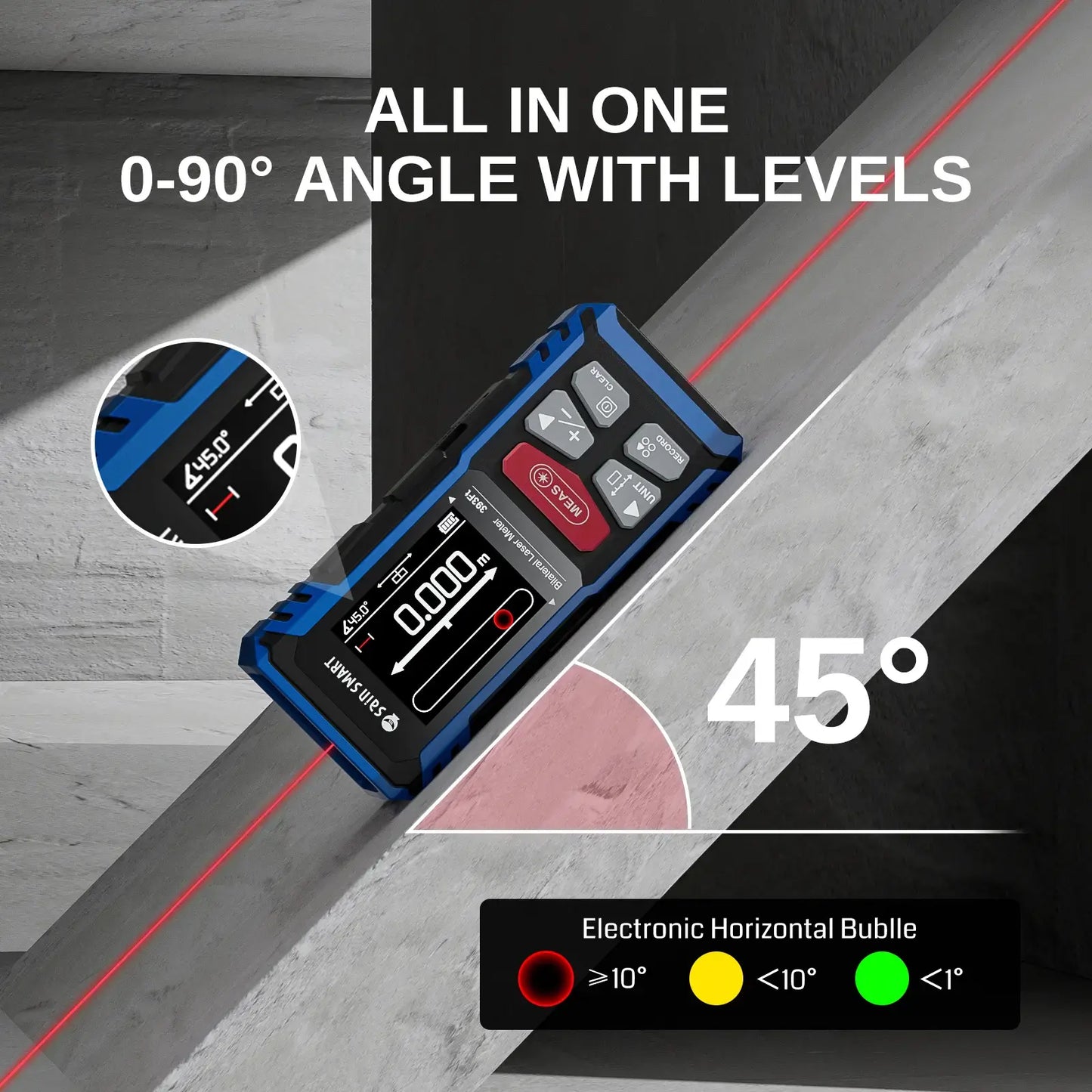 Duales Laser-Messwerkzeug, 120m bilaterale Entfernungsmessung mit LCD-Hintergrundbeleuchtung, wiederaufladbar, mehrere Einheiten (m/ft/in), elektronische Wasserwaage, Sensor für Länge/Fläche/Volumen/Winkel