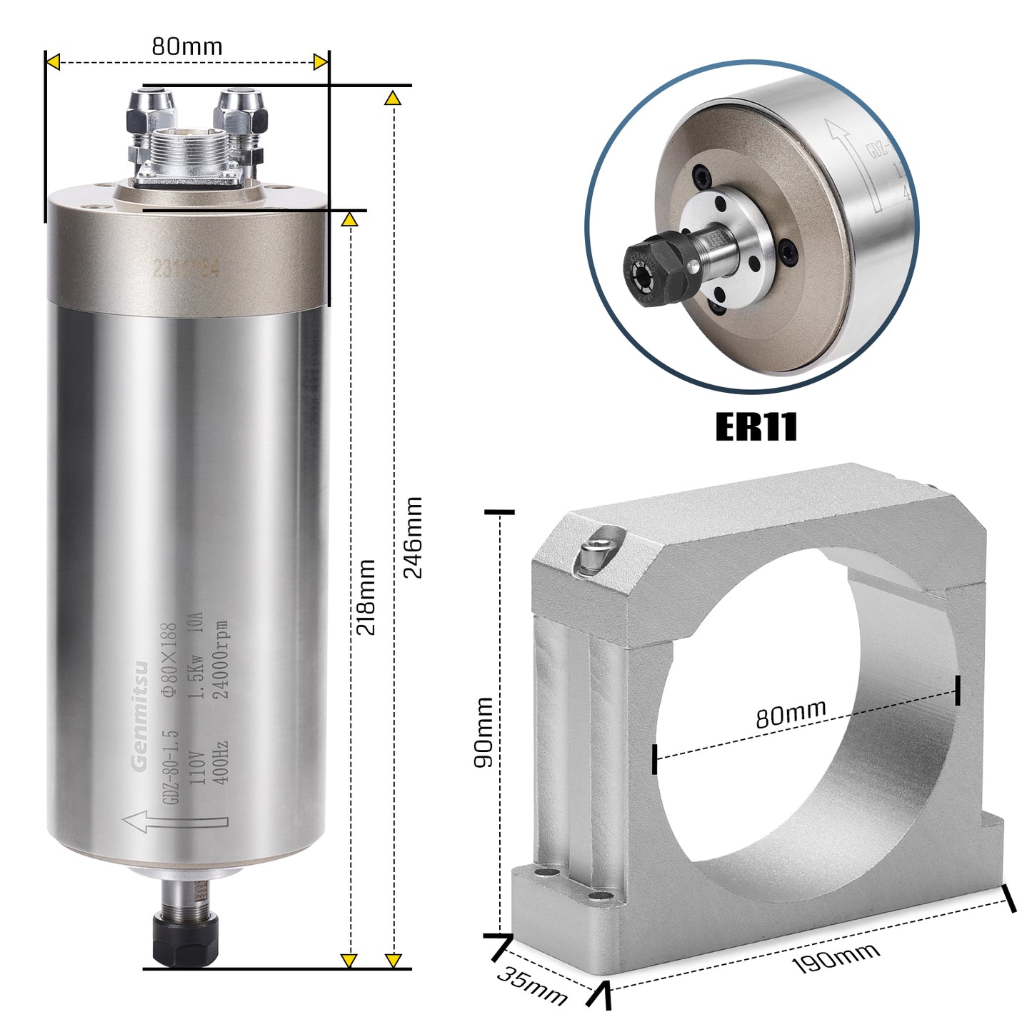 Genmitsu CNC-Spindelmotor-Kit, 1,5 kW, wassergekühlter 220-V-Spindelmotor, CNC-Motor mit VFD und Wasserpumpe, Aluminium-Klemmhalterung mit 80 mm Durchmesser, ER11-Spannzange, 0,003 mm Genauigkeit