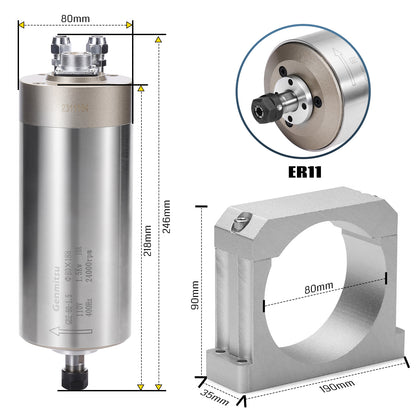 Genmitsu CNC-Spindelmotor-Kit, 1,5 kW, wassergekühlter 220-V-Spindelmotor, CNC-Motor mit VFD und Wasserpumpe, Aluminium-Klemmhalterung mit 80 mm Durchmesser, ER11-Spannzange, 0,003 mm Genauigkeit