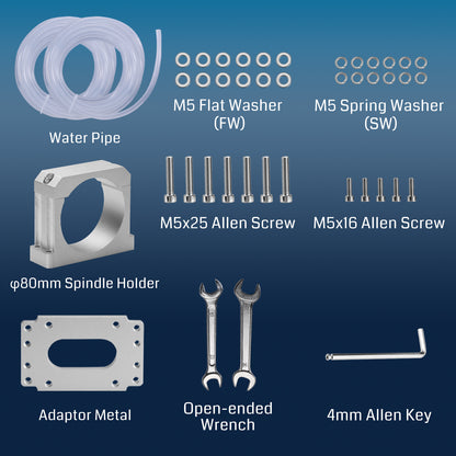 Genmitsu CNC-Spindelmotor-Kit, 1,5 kW, wassergekühlter 220-V-Spindelmotor, CNC-Motor mit VFD und Wasserpumpe, Aluminium-Klemmhalterung mit 80 mm Durchmesser, ER11-Spannzange, 0,003 mm Genauigkeit