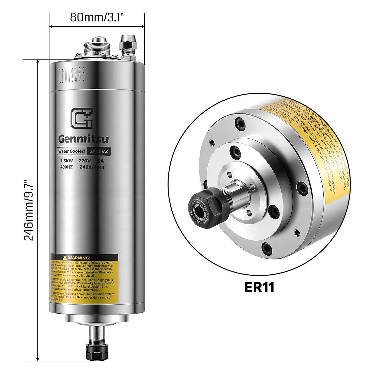 CNC-Spindelmotor-Kit, 1,5 kW/2,2 kW, wassergekühlter Spindelmotor, 24.000 U/min ER11-Spannzange mit vorverdrahteter VFD-Inverter-Box & Pumpe – 4-Lager-Präzisionsmotor für CNC-Fräsmaschine und Gravur