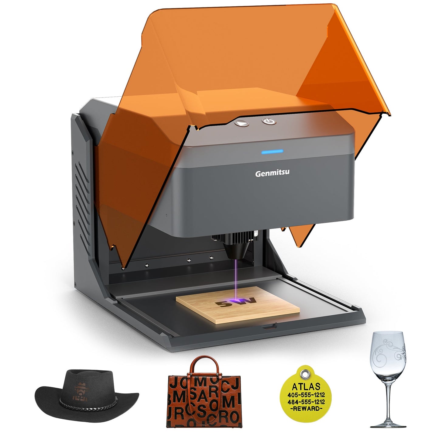 3D printer with a wooden block on a white background, surrounded by a hat, bag, tag, and glass.