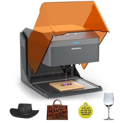 3D printer with a wooden block on a white background, surrounded by a hat, bag, tag, and glass.