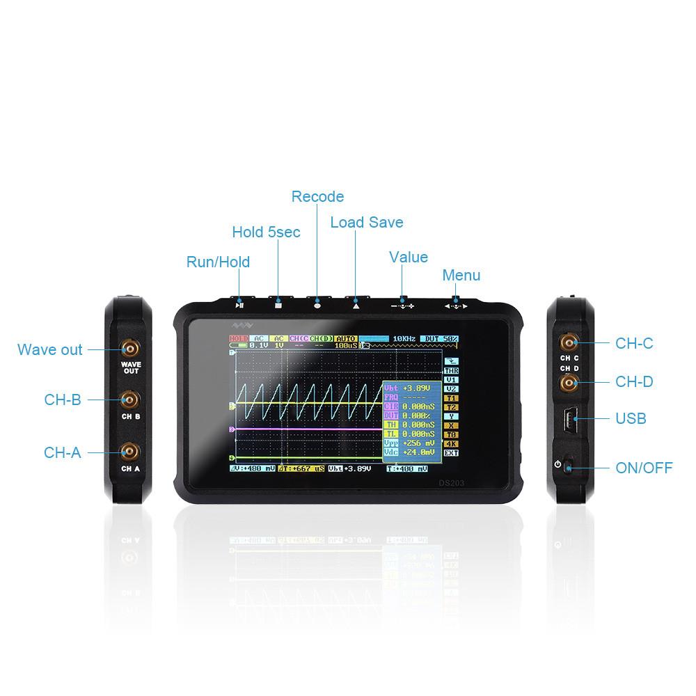 [discontinued] DSO203 Pocket-sized 4-Channel Digital Oscilloscope  8MHz 72 MSps, Aluminum Shell