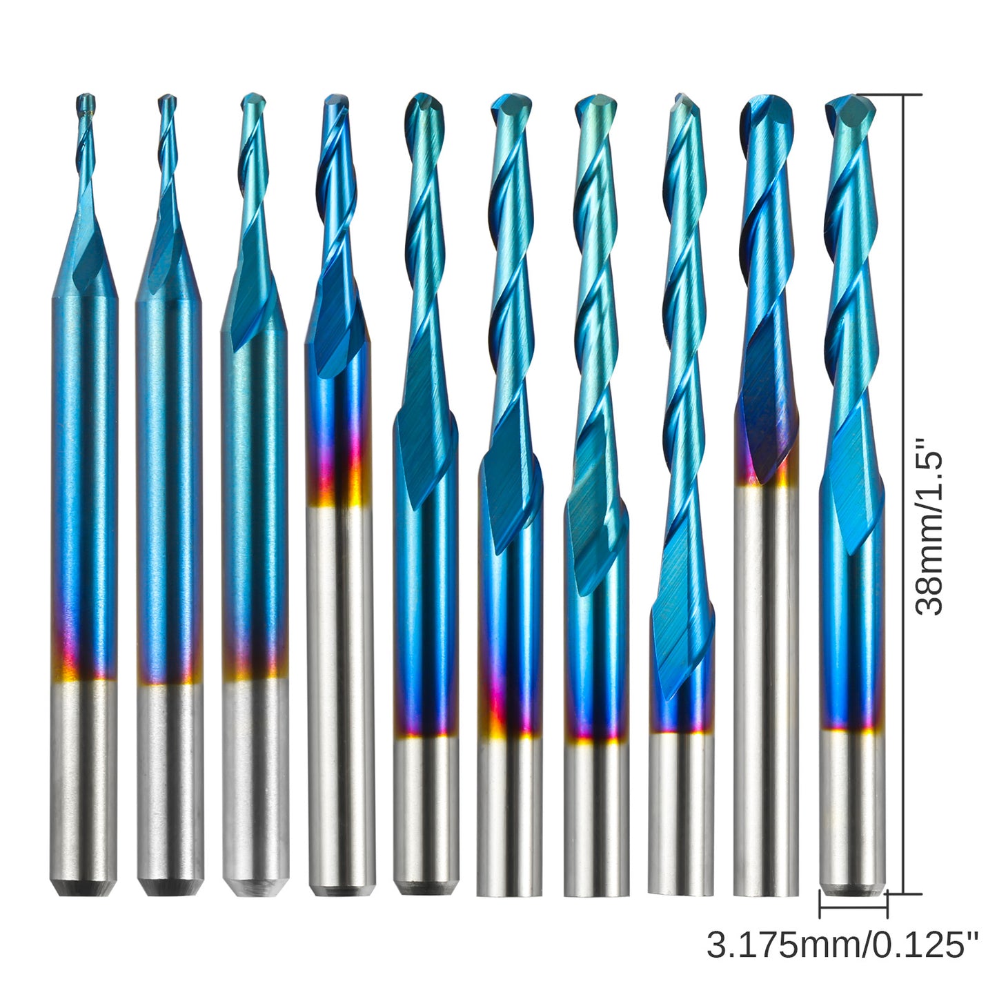 BN10A, 10 Stück 2-flöte Nano Blue Coat Kugelnase Spiralfräser, 1/8 Zoll Schaft