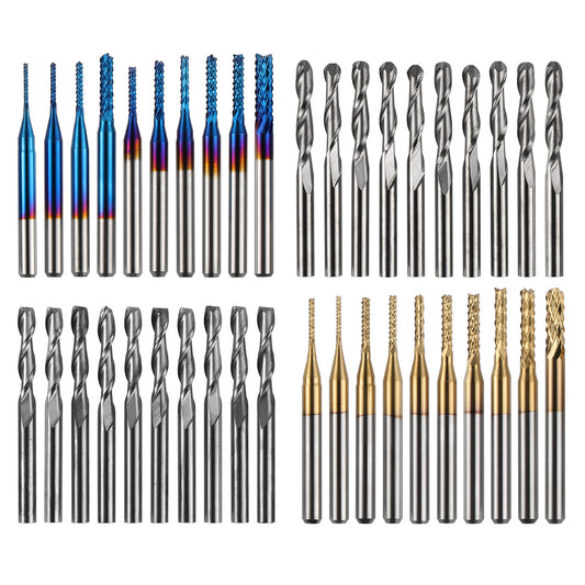 MC40A, Schaftfräser-Satz mit insgesamt 40 CNC Router Bits, 3,175mm (1/8") Schaft, CNC Fräser-Satz mit 2-Nuten Flach- als auch Kugelkopffräsern