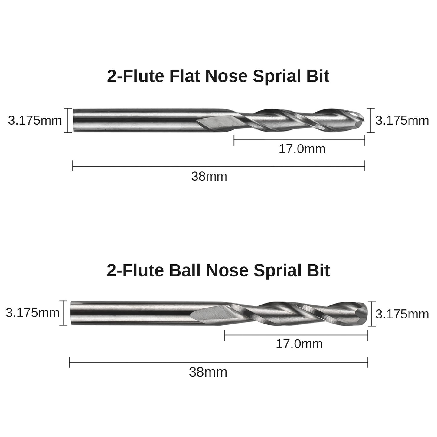 MC40A, Schaftfräser-Satz mit insgesamt 40 CNC Router Bits, 3,175mm (1/8") Schaft, CNC Fräser-Satz mit 2-Nuten Flach- als auch Kugelkopffräsern