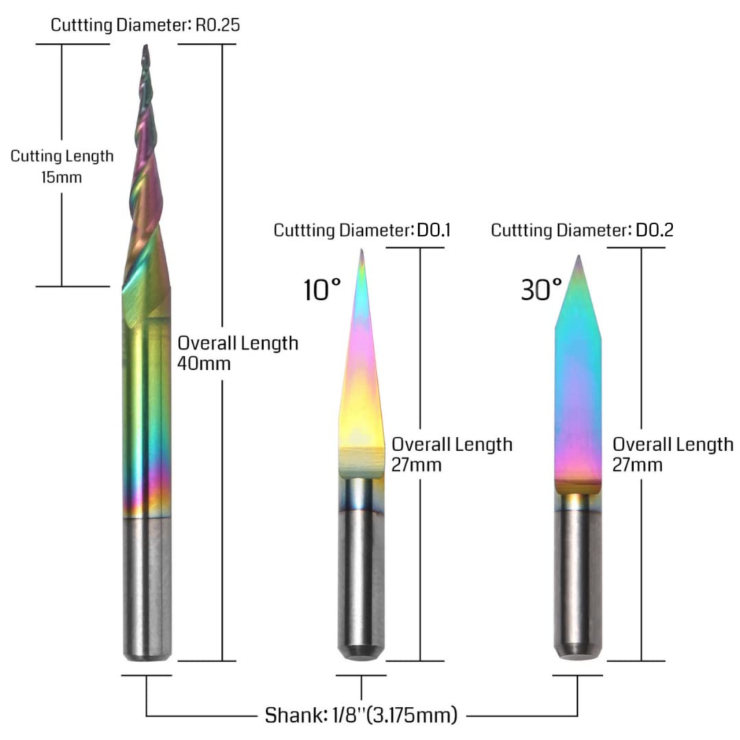 EM03A, 3PCS V-förmige konische Kugelkopffräser, Chromatische Beschichtung CNC-Bits, 1/8''(3.175mm) Schaft