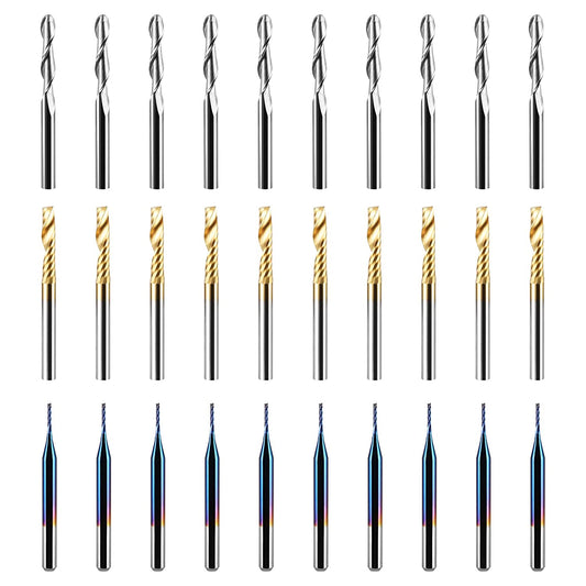 [discontinued] MC30A, 30 Stück CNC Fräser Router Bits, 1/8'' Shank Spiral Upcut Single Flute Titanium Coat Flat Nose End Mill